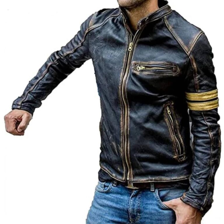 Distressed Striped Black Leather Jacket, Biker Leather Jacket