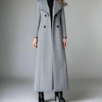 Long Wool Coat, Gray Double Breasted Trench Coat