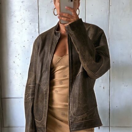 Oversized Brown Leather Jacket, 90’s Ladies Leather Jacket