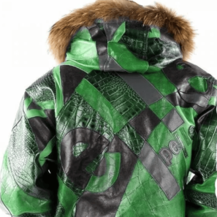 Men Abstract Pattern Leather Green Jacket