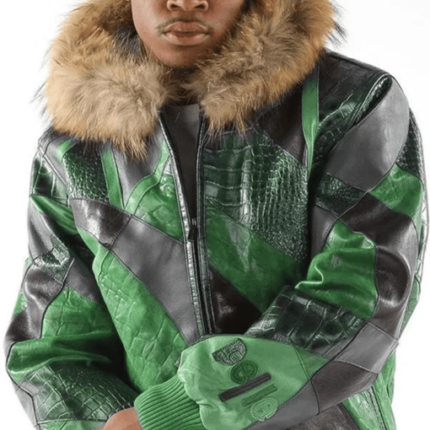 Men Abstract Pattern Leather Green Jacket